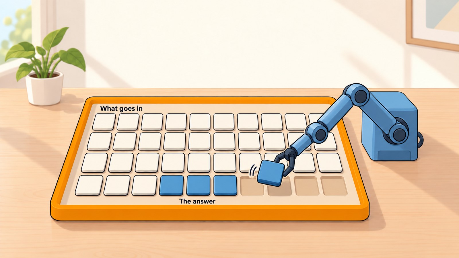 A shallow tray on a desk holds four rows of blank tiles under the label 'What goes in'. In the last row, three tiles marked 'The answer' follow them, and a robotic arm lowers one more into the next free slot, with four slots still empty.
