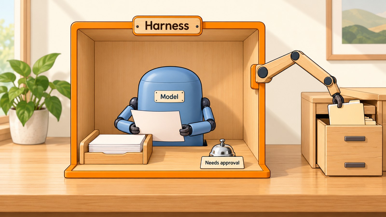 A small machine labelled 'Model' reads a page inside an open wooden booth labelled 'Harness', beside a tray of pages and a bell tagged 'Needs approval'. An arm fixed to the booth, not to the machine, pulls a folder from a filing cabinet beside it.