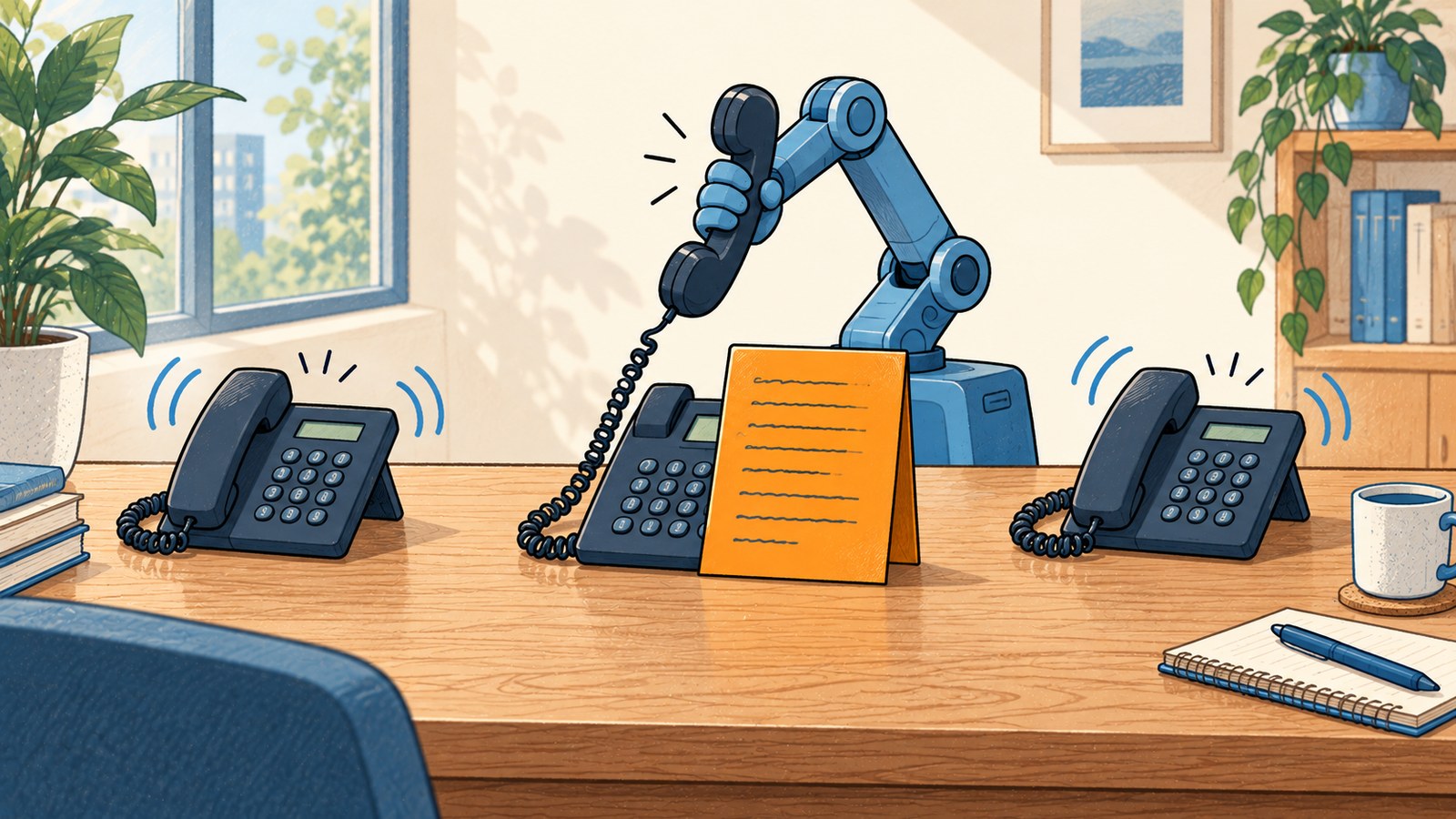 A robotic arm lifts a phone receiver at a sunny office desk while two more desk phones ring on either side. In the middle, a large card covered in lines of writing stands propped against the phone.