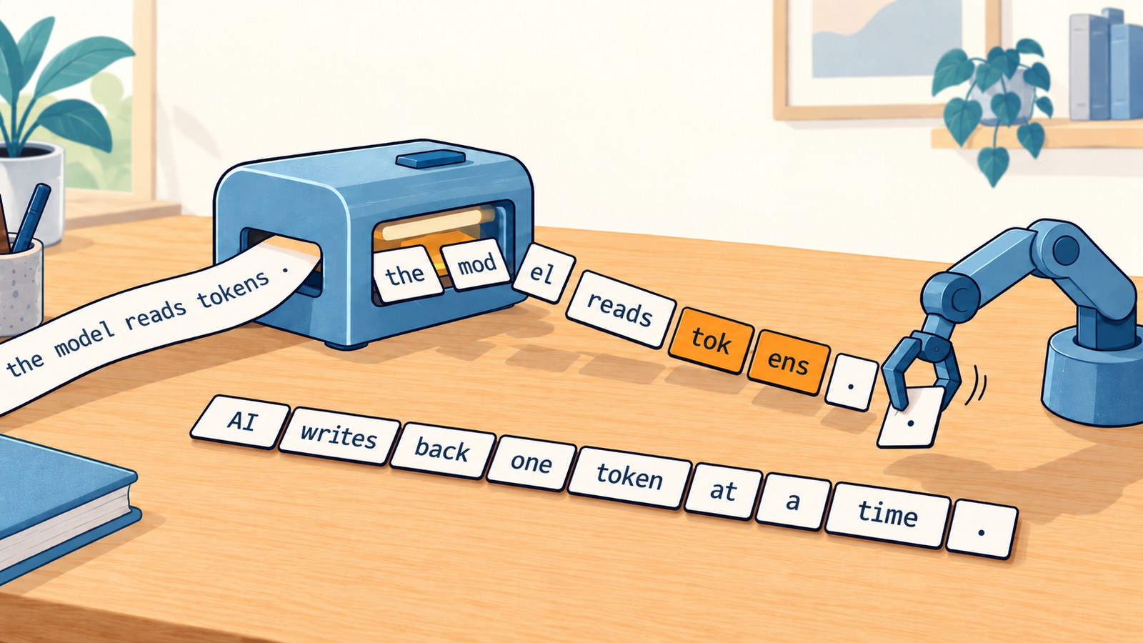A paper strip reading 'the model reads tokens.' feeds into a small machine on a wooden desk and comes out as separate tiles, with 'model' and 'tokens' each split in two. A robotic arm places the last tile, and in front lies a row of tiles reading 'AI writes back one token at a time.'