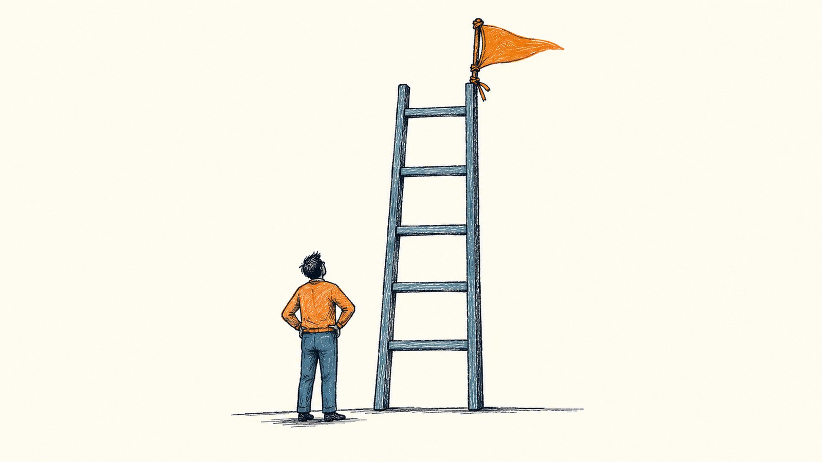 A person seen from behind stands with hands on hips at the foot of a tall ladder with five rungs and looks up at a pennant flag tied to the top.
