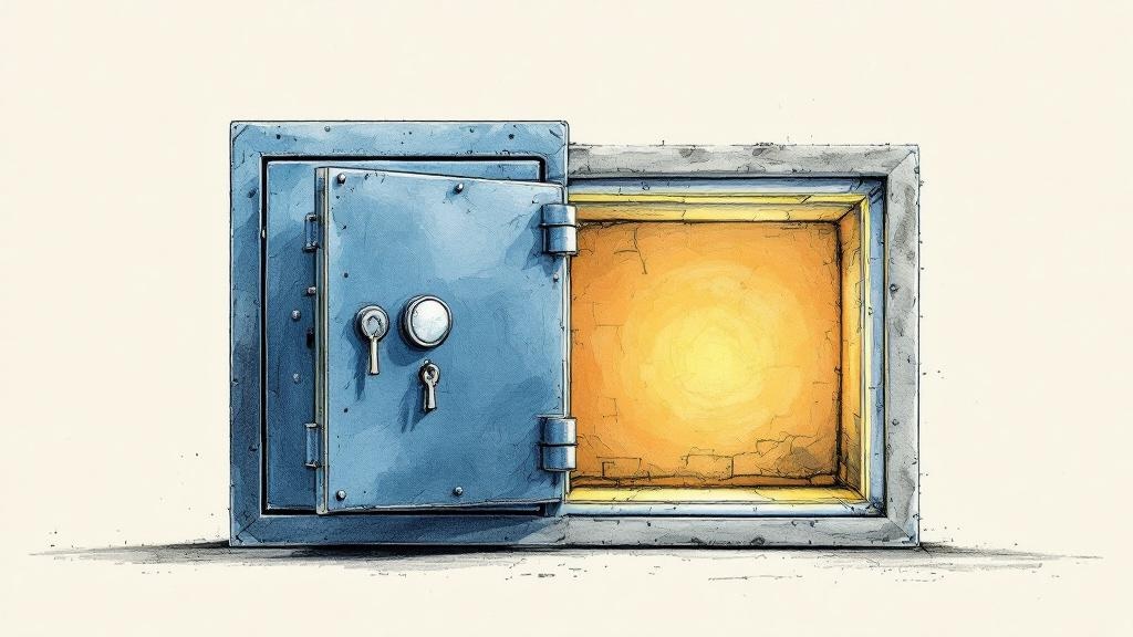 Hand-drawn pencil-and-charcoal editorial illustration on a warm cream off-white background of a heavy steel-blue rectangular bank safe sitting on a plain surface, with its thick rectangular front door swung wide open to the right on visible hinges. The front door has a single round metallic combination dial in its center and a small dark keyhole positioned just below the dial. The safe's hollow interior is fully exposed by the open door and glows warm amber, brightest at the center and softer toward the edges, with the interior compartment walls showing a textured concrete-gray finish. A faint horizontal charcoal line beneath the safe suggests the floor. Three-color palette of warm off-white background, steel blue, and warm amber. No human figures, no text, no labels.
