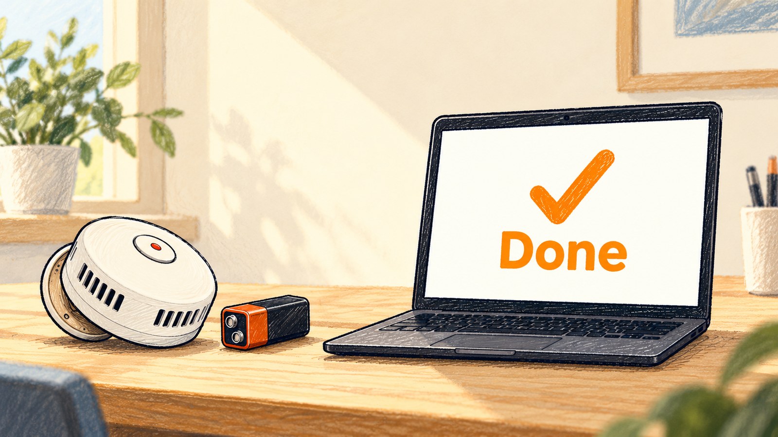 A smoke detector lies on its side on a wooden desk with its battery out beside it, next to an open laptop whose screen shows a large check mark and the word Done.