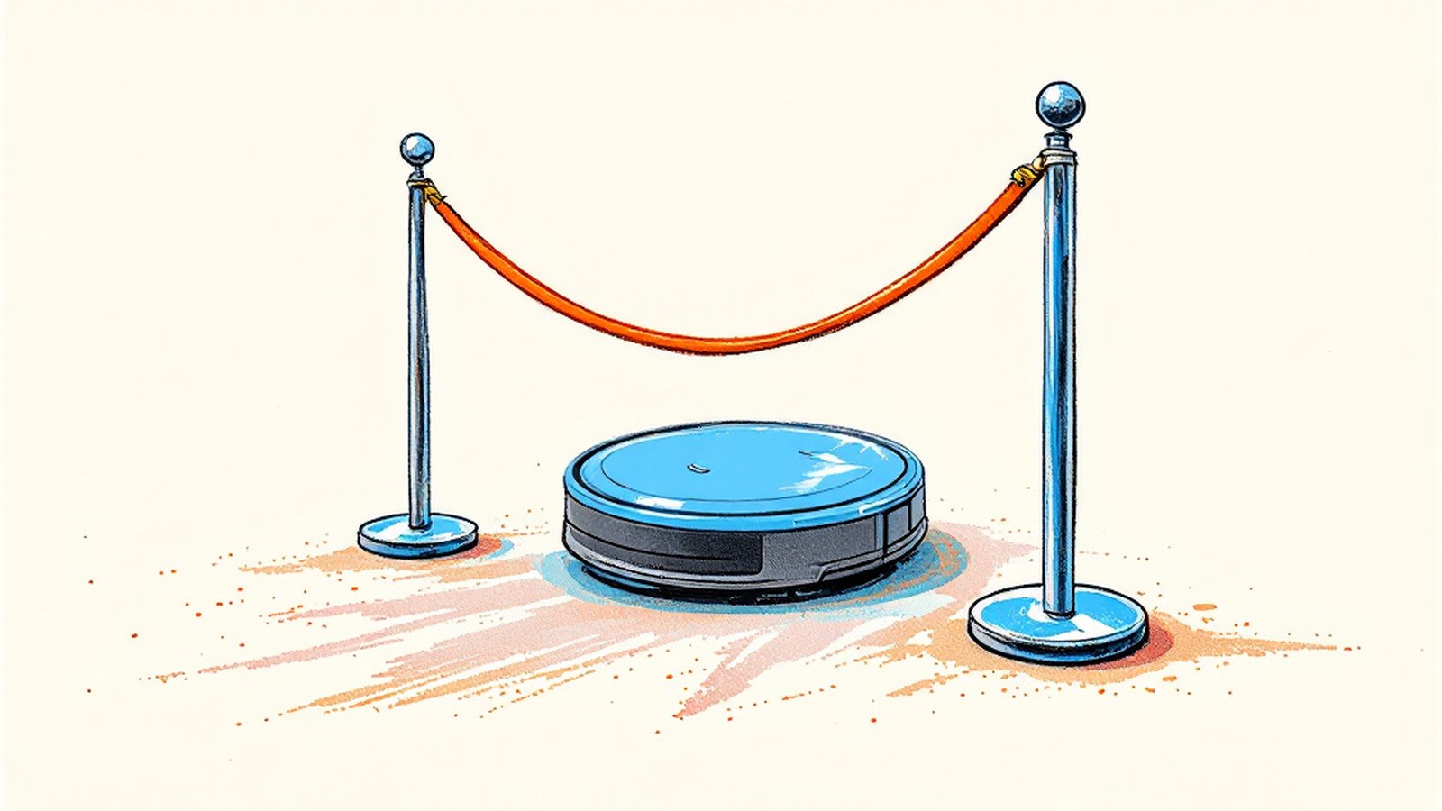 A round robot vacuum sits on the floor directly beneath a slack velvet rope strung between two stanchion posts, with flecks scattered across the floor around it.