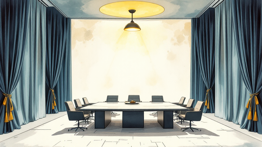 Hand-drawn ink and watercolor illustration on a warm cream off-white background, composed as a symmetric horizontal head-on view of an executive boardroom that is simultaneously a theater stage. The back wall of the room is dramatically framed by heavy steel-blue velvet stage curtains hanging from the ceiling all the way down to the floor, drawn open and tied back on each side with thick gold tasseled cord. Between the parted curtains, the back wall shows as a tall pale cream rectangular surface. Suspended from the ceiling above the room, a single theatrical pendant spotlight on a slim dark metal armature casts a clearly visible bright warm cream-gold circular pool of light onto the area above and around the long rectangular boardroom table at the center of the frame. The boardroom table is dark and polished, oriented horizontally across the middle of the composition, viewed from a slight elevation. The table top carries a few small dark shapes that read as folders or papers but are not legible at viewing distance. Empty chairs line the table on all sides in a regular rectangular pattern, the chairs with light cream backs and darker seats. The floor in the lower foreground is pale with a subtle diamond grid pattern visible. Palette: warm cream off-white background and walls and floor, muted steel-blue for the velvet curtains, warm gold-amber for the curtain tassel cord and the spotlight pool, dark charcoal for the line work, dark gray for the table and chair seats. Loose ink line work with watercolor wash and visible brush strokes. No text, no labels, no figures, no faces.