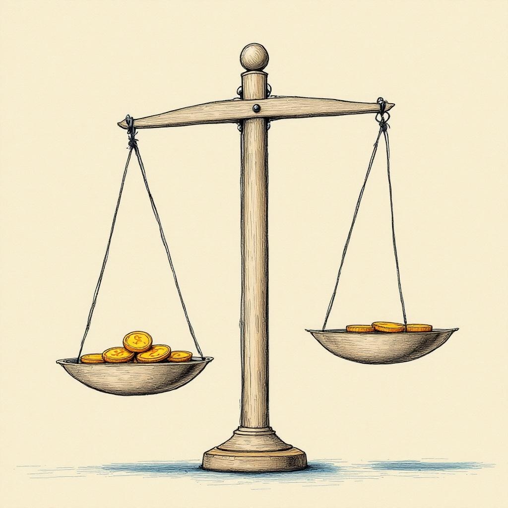 Hand-drawn pencil-and-charcoal illustration on a warm cream off-white background of a simple wooden balance scale viewed in side profile, centered in the frame. The horizontal beam is perfectly level with two pans hanging from each end at exactly the same height, the scale appearing balanced. The left pan holds a stack of warm-amber gold coins. The right pan holds a smaller cluster of warm-amber coins. The scale's wooden post and beam are rendered in soft cream-tan tones with charcoal line outlines. A faint steel-blue line suggests the ground beneath the scale's base.