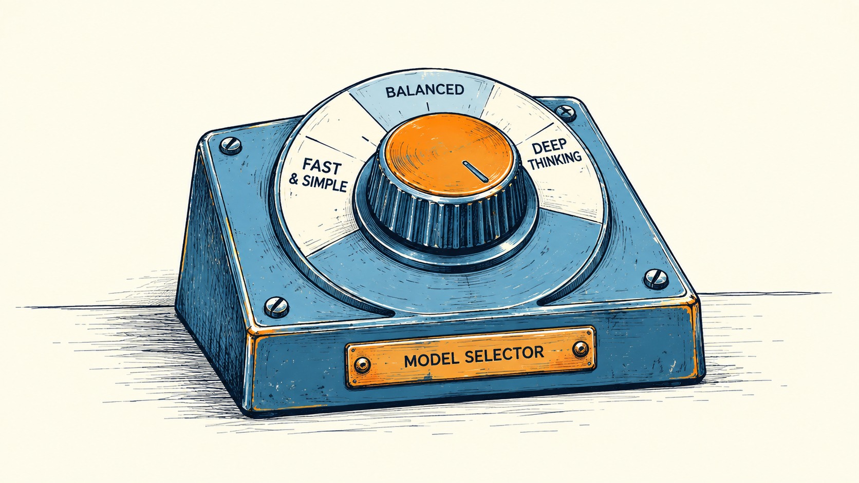 A desk dial labelled 'Model Selector' with a large knob and three settings around it: 'Fast & Simple', 'Balanced' and 'Deep Thinking'.