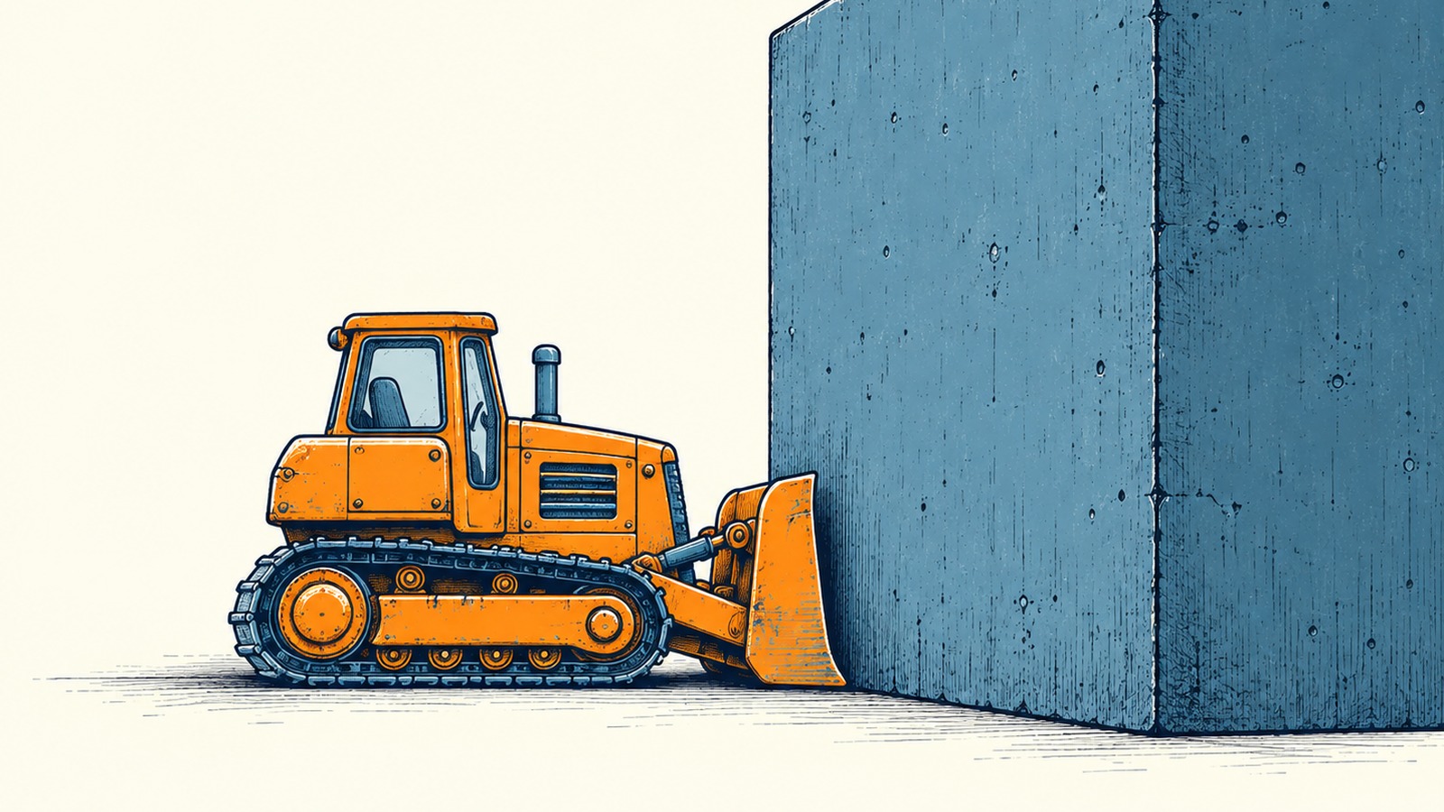 A bulldozer presses its blade against a massive concrete block that towers over it and stands in its path.