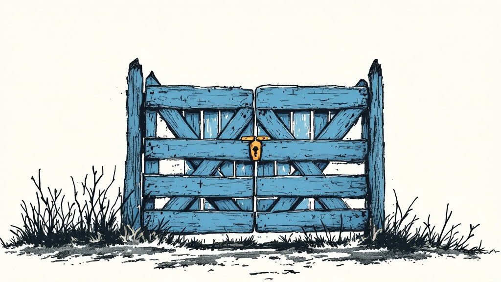A closed, weathered wooden gate stands between two posts in tall grass, its two halves held shut by a single lock at the center.
