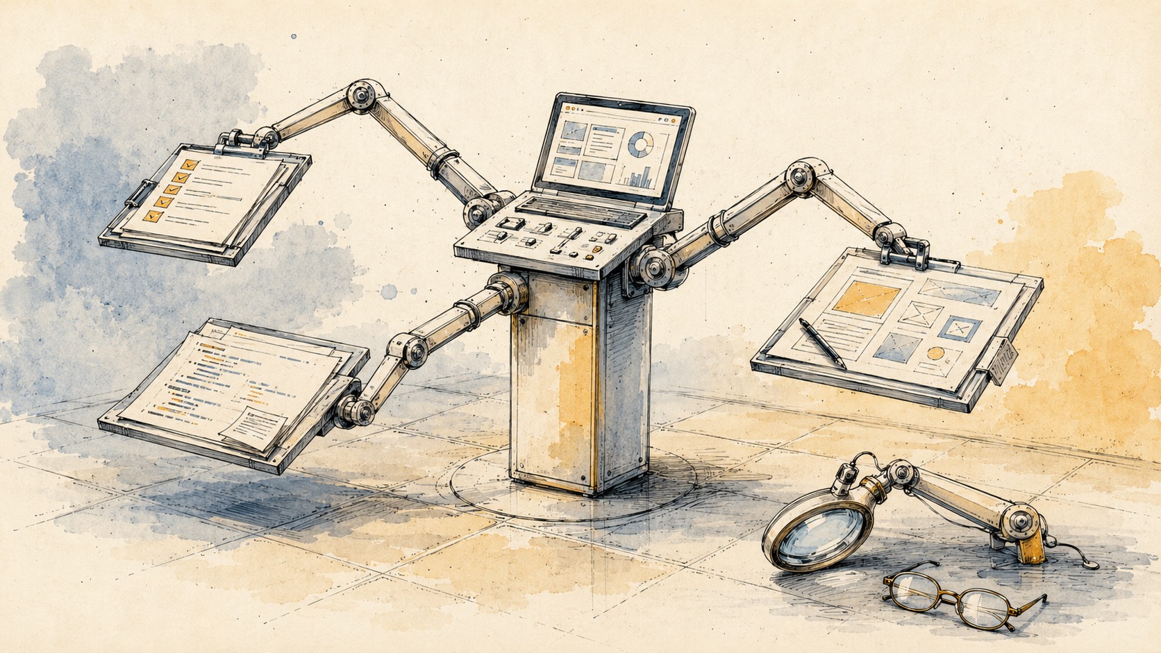 Hand-drawn ink and watercolor illustration of a central rectangular wooden pedestal-console standing on a tiled off-white floor against a warm off-white background, with soft watercolor washes of pale steel blue on the upper left and warm amber on the upper right and lower right. On top of the console sits an open laptop displaying a screen of small charts and rectangular data tiles, and the console face below the laptop shows a row of buttons and small sliders. Three articulated mechanical arms extend outward from the central console at different angles, each holding a tilted wooden-framed board: the upper-left arm carries a clipboard with a vertical checklist of items, several marked with small amber-yellow check marks; the lower-left arm carries a board covered with rows of lines of text; the right arm carries a wireframe board with three rectangular shapes outlined in amber yellow and a small pencil resting on it. Off to the right of the pedestal, sitting separately on the floor with no connection to the central console, lies a small mechanical arm tipped over on its side with a brass-rimmed magnifying glass attached at its end, and next to the fallen magnifier rests a single pair of thin dark-framed eyeglasses lying flat on the tiled floor. Loose ink line work with watercolor texture on a warm off-white background.