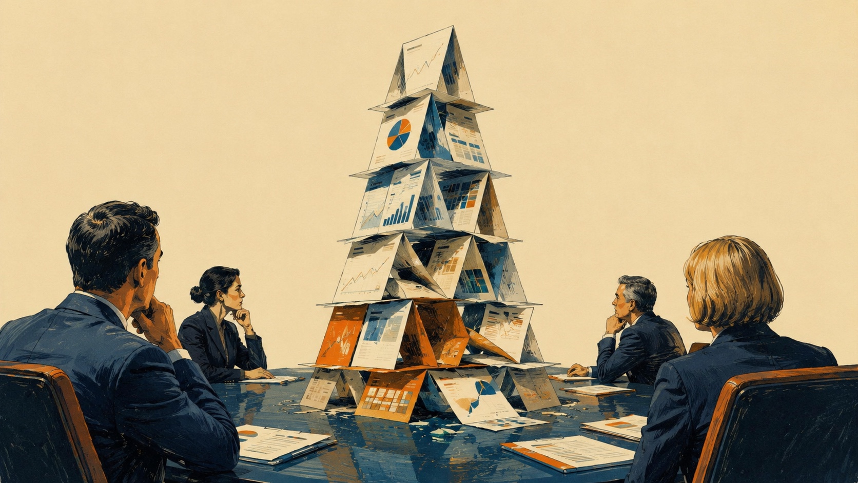 Hand-drawn editorial ink and watercolor illustration on a warm cream off-white background. Centered: a tall multi-tier house of cards built from paper documents covered in business charts, rising roughly seven tiers from the conference table to nearly the top of the frame. The documents forming the cards display pie charts, bar charts, and rising-line charts rendered in steel-blue and warm amber. Warm amber and burnt-orange washes bleed through the interior shadows of the tower, especially in the lower-middle tiers. Around the base of the tower, more chart-covered loose papers lie scattered across a dark glossy navy conference table. Four executives in dark navy suits sit around the table, two on the left and two on the right, all viewed from behind or in three-quarter back angles with no facial features visible. Each figure rests a hand on the chin in a contemplative pose, looking up at the tower. The chair backs carry warm amber wood-grain edging. Loose ink line work with subtle silkscreen texture. Three-color palette of warm cream off-white background, steel blue, and warm amber. No text or labels.