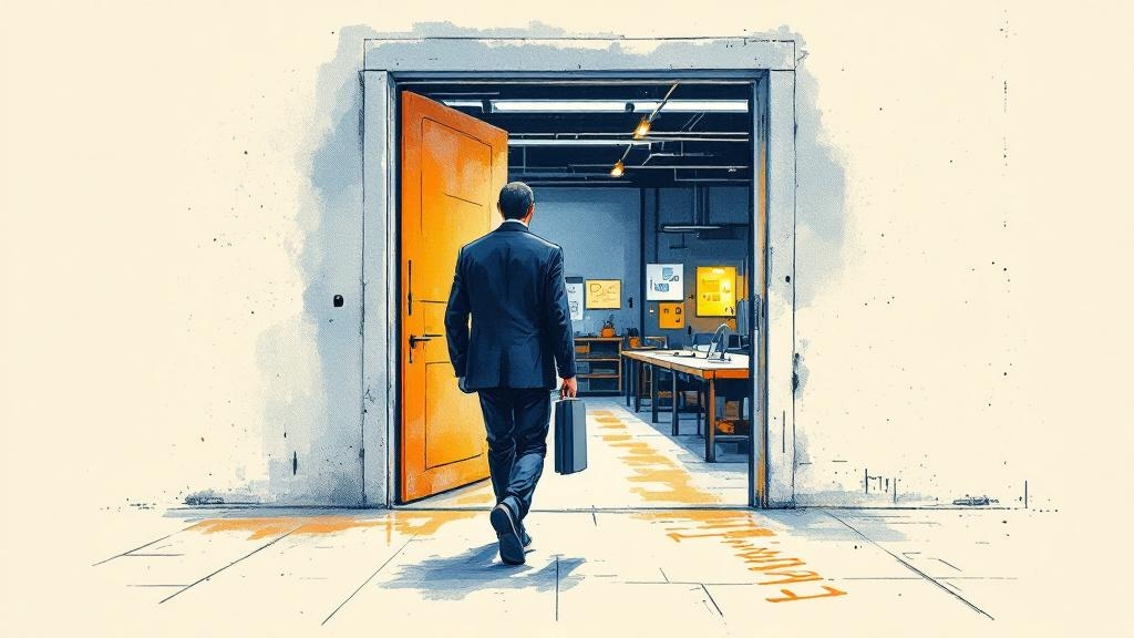 Hand-drawn editorial illustration of a single figure in a dark steel-blue business suit, seen entirely from behind, carrying a briefcase in one hand, walking through an open doorway with a vivid warm-amber door. The far side of the doorway shows a dimly lit workshop interior with long wooden workbenches, technical diagrams pinned to the workshop walls, and a single hanging amber work light. The near side of the doorway shows a polished sterile corporate corridor that is empty and quiet, with cool steel-blue tones. Charcoal line work with sketch quality on a warm off-white background, three-color palette of charcoal, steel blue, and warm amber.