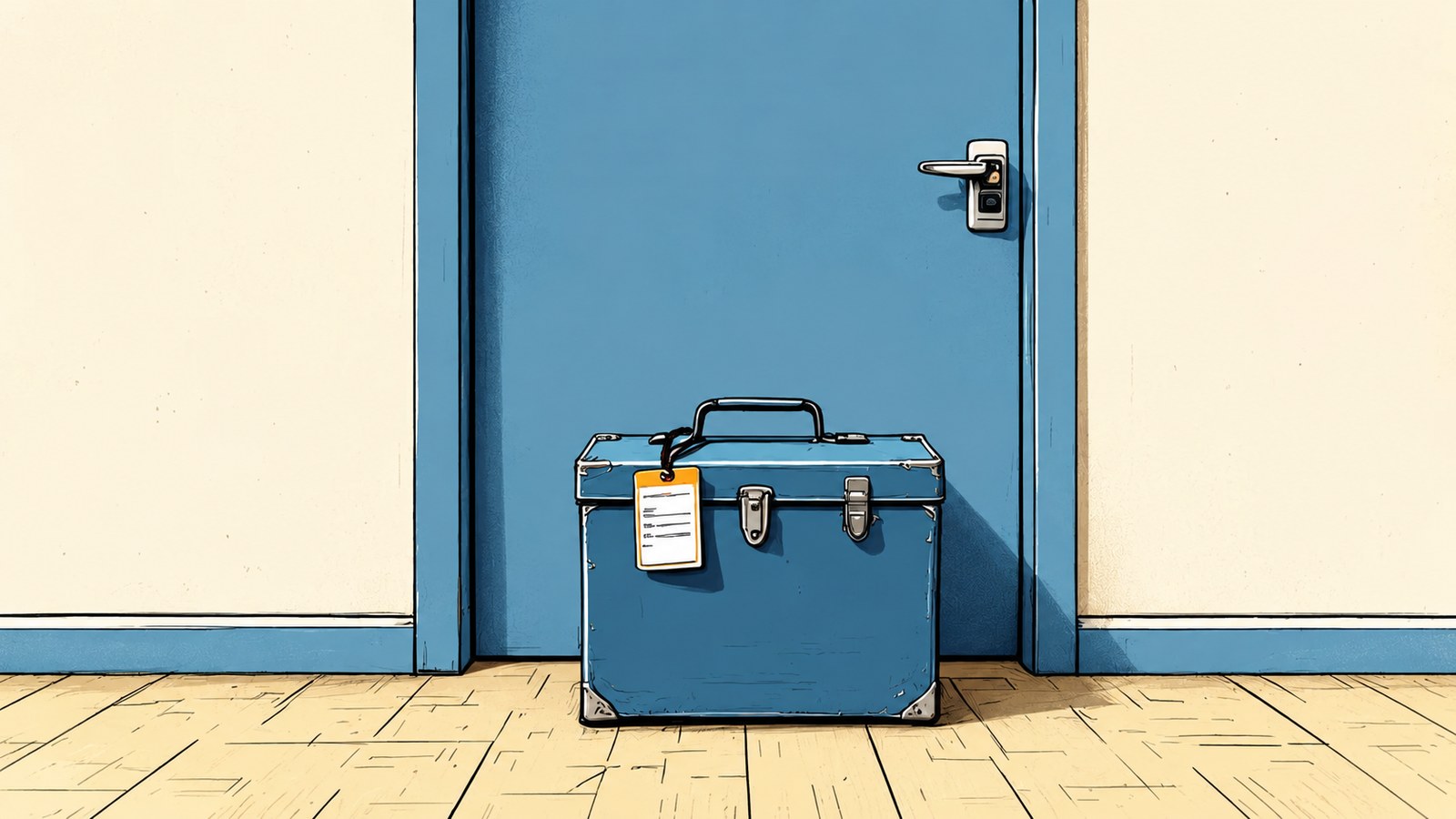 A closed toolbox with a top handle stands on the floor in front of a closed office door. An employee ID badge on a lanyard hangs from the toolbox's handle, and a lock sits on the door.