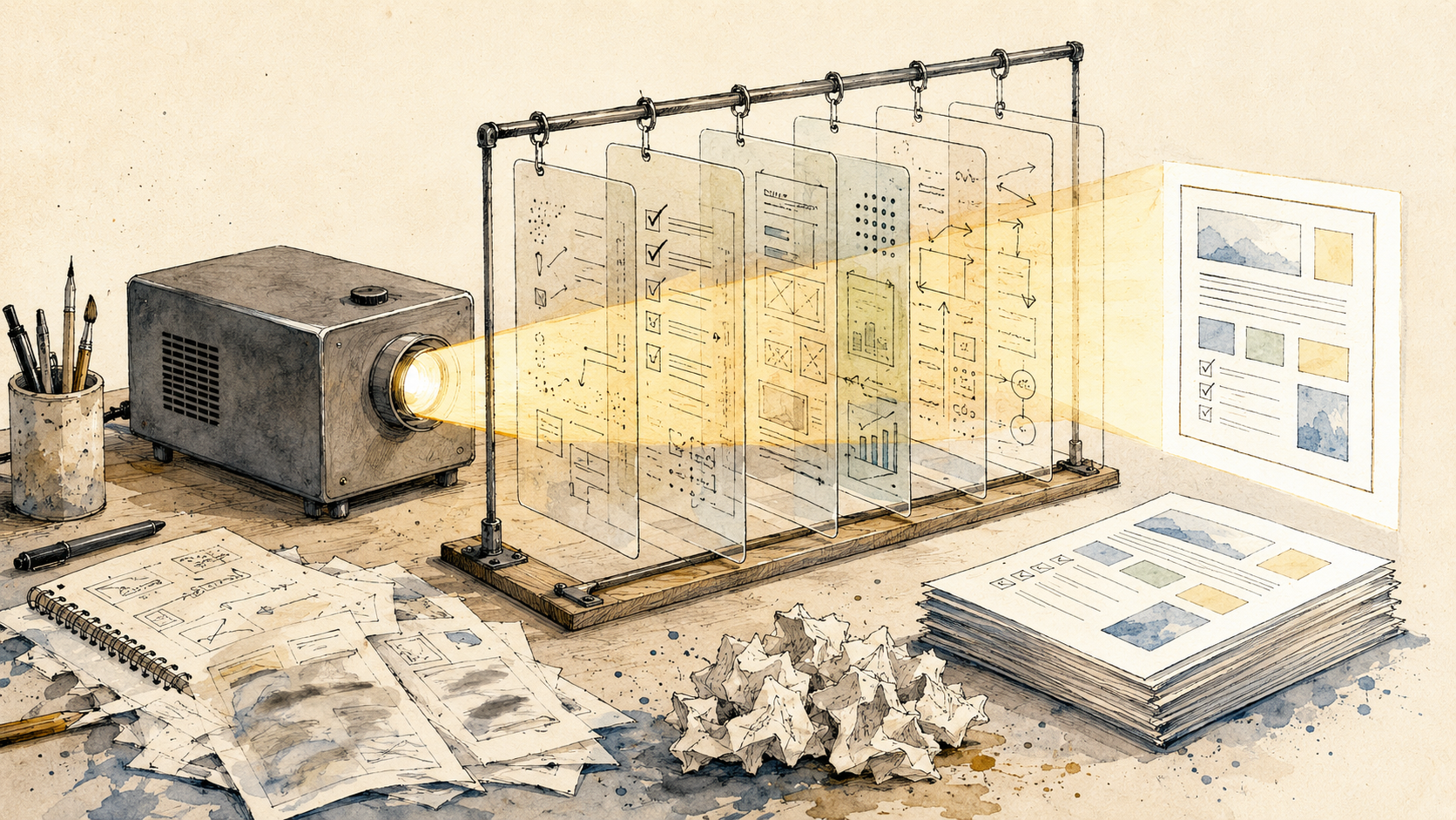 Hand-drawn ink and watercolor illustration on a warm cream off-white background, composed as a horizontal still life on a wooden desk surface viewed at a slightly elevated three-quarter angle. The composition reads left to right as a single flow. On the left, a boxy vintage film projector in gray-metallic shades sits on the desk, its round front lens facing right and emitting a warm yellow-gold beam of light that crosses the center of the frame. Behind and slightly in front of the projector sit a ceramic pencil cup holding upright pencils, an open spiral-bound notebook with loose hand-drawn sketches and rough notes on its visible pages, and a single pen lying horizontally on the desk surface, with a few scattered loose sheets underneath. In the center of the frame stands a metal pipe-frame scaffold, the kind of industrial-plumbing or garment-rack assembly with two vertical posts joined by a top crossbar and a lower stabilizing bar at the base. Hanging from the top crossbar in a single row are roughly seven or eight vertical transparent glass-or-acetate slides arranged in sequence, each one floating perpendicular to the path of the light beam. Each transparent slide carries its own internal content rendered in muted steel-blue and warm amber: checkmark lists, small bar charts, line graphs, dotted grids, geometric schematic diagrams, framed layout blocks. The light beam from the projector passes through every slide in sequence, picking up structure as it travels. A crumpled paper ball sits on the desk surface directly beneath the scaffold, the only piece of discarded output in the frame. On the right side of the frame, the beam emerges from the final slide and falls onto a single finished printed page standing upright, its surface populated with structured blue and amber chart blocks. Below the standing page rests a neatly aligned stack of completed pages, each carrying similar chart and layout content, the stack resting flat on the desk surface. Palette is warm cream off-white background, sepia and ochre and burnt-amber for the wood and projector, gray-metallic for the projector body, muted steel-blue for the chart accents inside the slides and on the output pages, warm yellow-gold for the projected light beam. Loose ink line work with watercolor washes and subtle silkscreen-like texture. No text or labels anywhere in the frame.