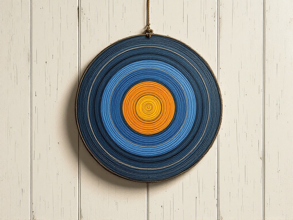 A round archery target made of tightly wound rings hangs by a cord on a plank wall, the rings closing in on a small bullseye.