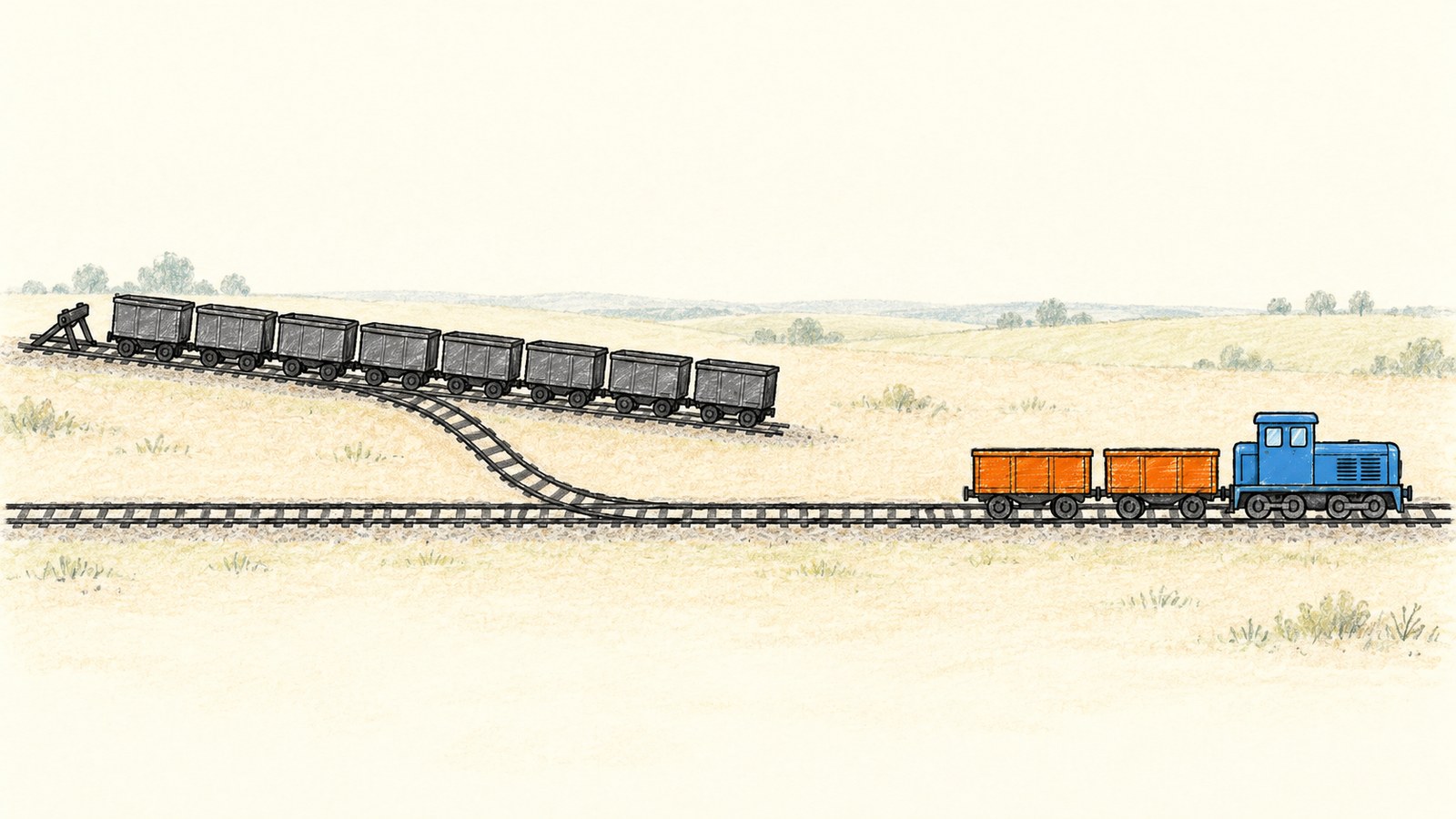 A railway junction. On a side track ending at a buffer stop, a row of eight freight wagons stands parked. On the main line, a small locomotive pulls just two open wagons away, with a long stretch of empty track between them and the row.
