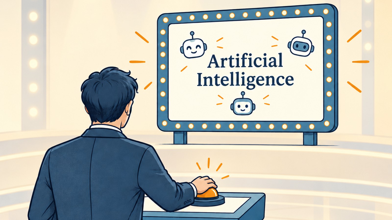 A man in a suit, seen from behind, presses a round buzzer on a quiz podium while facing a large bulb-framed screen that reads Artificial Intelligence, with three small cartoon robot heads around the words.