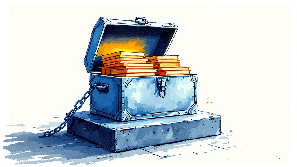 Hand-drawn ink and watercolor illustration on a warm cream background. An open steel-blue strongbox with a carry handle sits on a heavy steel platform, brimming with a neat stack of bound ledgers and documents glowing warm amber. A thick iron chain runs from the box off to the left, anchoring it in place so it cannot be carried away. Limited palette of steel blue and amber on cream, loose charcoal linework, no text.
