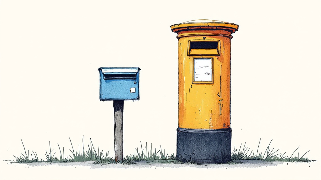 A small mailbox on a wooden post stands in the grass beside a much taller pillar postbox with a wide slot and a notice panel.