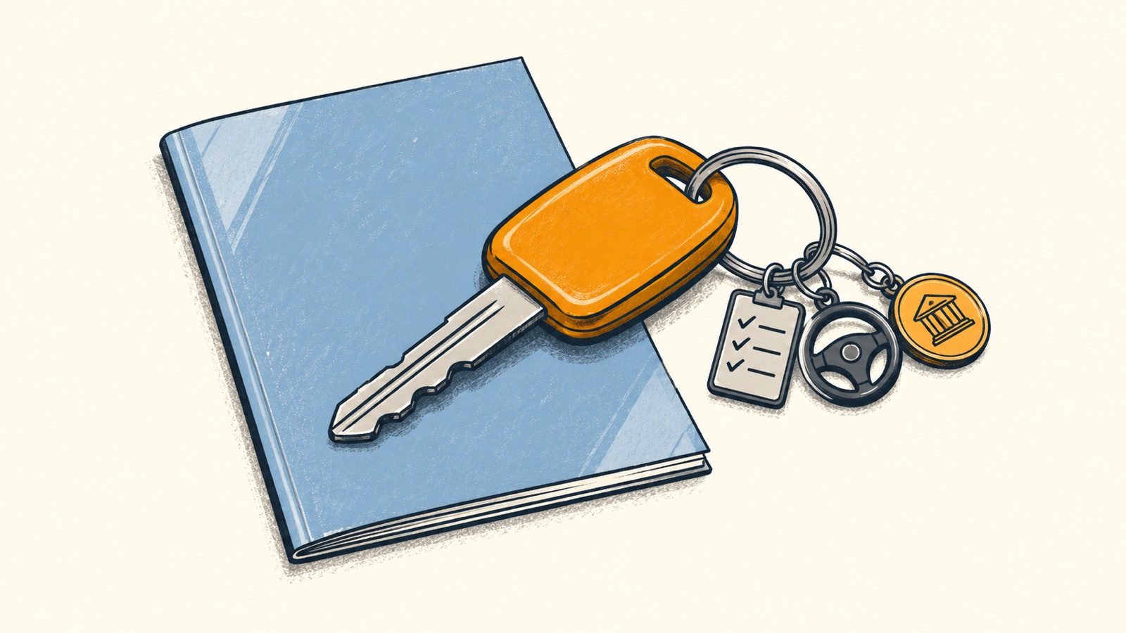 A car key lies on a closed brochure. Its key ring holds three charms: a checklist, a steering wheel and a coin stamped with a columned building.