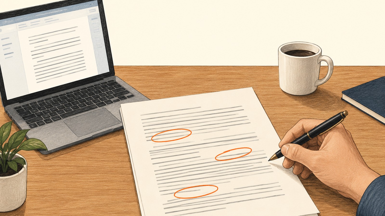 A hand holds a pen over a printed draft with three passages circled, next to an open laptop showing a document, a mug of coffee, a closed notebook and a small potted plant on a wooden desk.