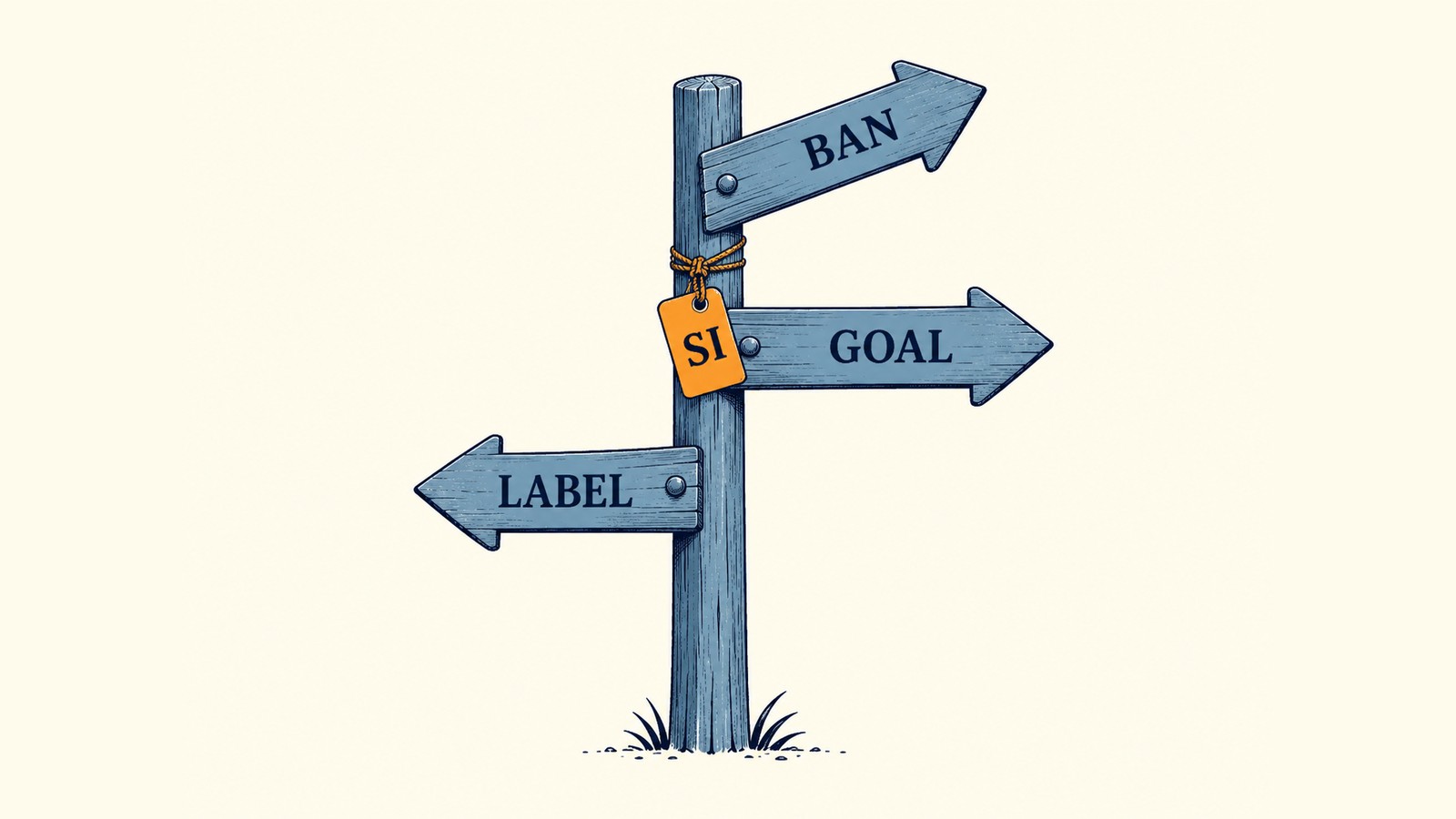 A weathered blue signpost with three arrow boards labelled Label, Goal and Ban, and a small orange tag reading SI tied to the post where the boards meet.
