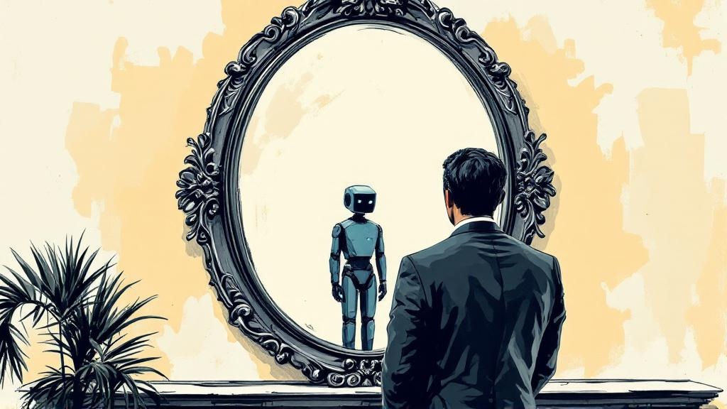 Hand-drawn editorial crayon illustration of a single business-jacketed manager seen entirely from behind, standing in front of a large ornate antique convex wall mirror centered against a warm off-white wall. Inside the mirror, instead of the manager's reflection, stands a stylized geometric bot character with a simple boxy steel-blue head, a small antenna, and a rectangular block body, looking back at the manager across the mirror surface. The mirror frame is rendered in thick charcoal ink with rough gestural marks. A warm amber wash glows on the wall behind the mirror, and a small leafy plant sits in the lower-left corner of the room. Charcoal line work with sketch quality on a warm off-white background, three-color palette of charcoal, steel blue, and warm amber.
