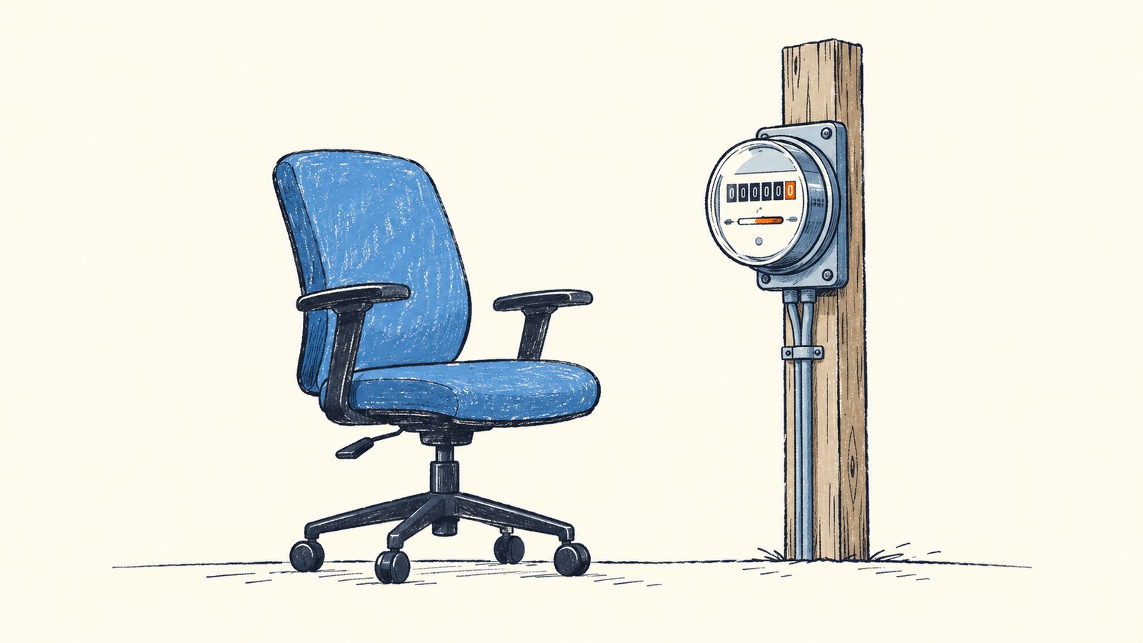 An empty office chair with armrests and wheels stands beside a tall wooden pole. A round electricity meter is mounted on the pole, its row of digits all zeros.