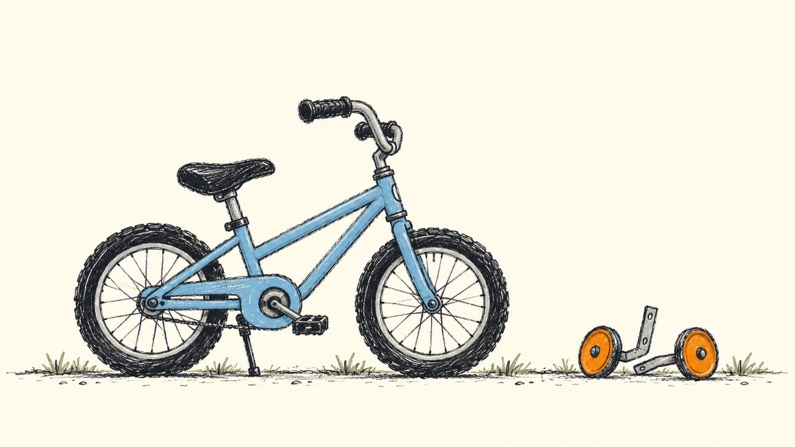 A child's bicycle stands on its kickstand on the grass, its detached training wheels lying on the ground beside it.