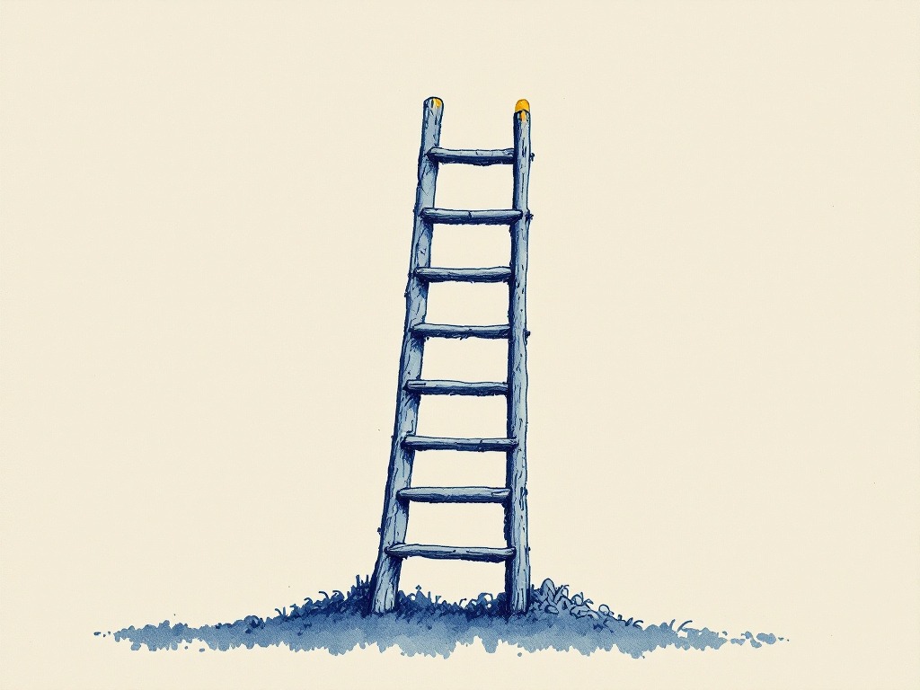 Hand-drawn ink and crayon editorial illustration on a warm cream background, in steel blue with two small mustard yellow marks. A single tall wooden ladder stands upright and roughly centred in the frame, seen straight on, its two rails drawn as rough weathered poles with visible grain and dark charcoal outlines. The left rail leans very slightly inward toward the top so the ladder narrows as it rises. Eight evenly spaced horizontal rungs run between the rails, each a thick blue-grey bar with pale highlights along its upper edge. The top end of each rail is capped with a small mustard yellow mark. The ladder stands on a low mound of loose blue scrubby ground drawn with short scratchy strokes, its two feet planted a little apart, and a soft pale blue shadow spreads across the ground to the right. The rest of the background is empty cream. No text appears in the image.